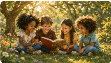 Children sharing a book outdoors