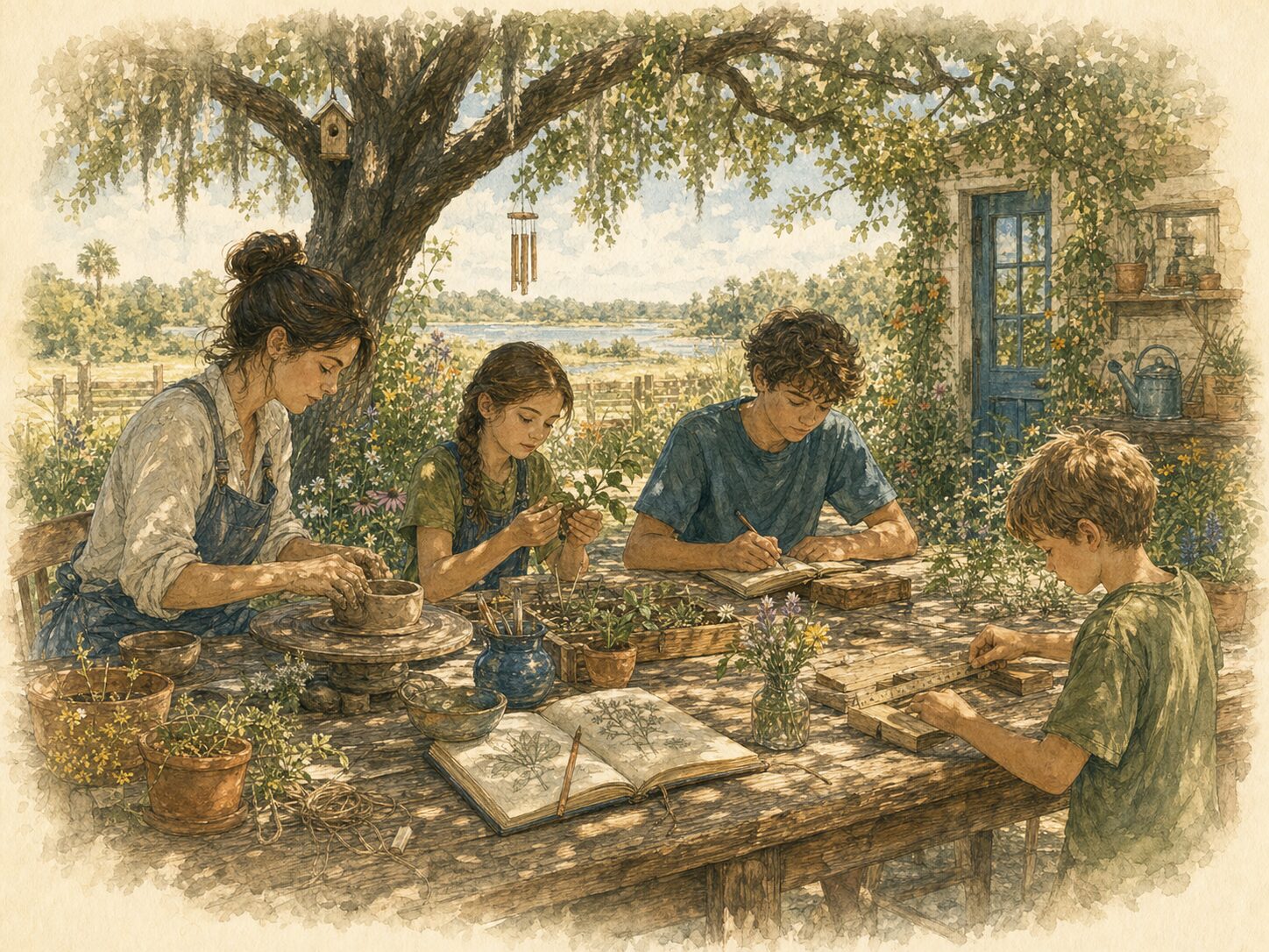 A mixed-age group creating, observing, and building together at an outdoor table