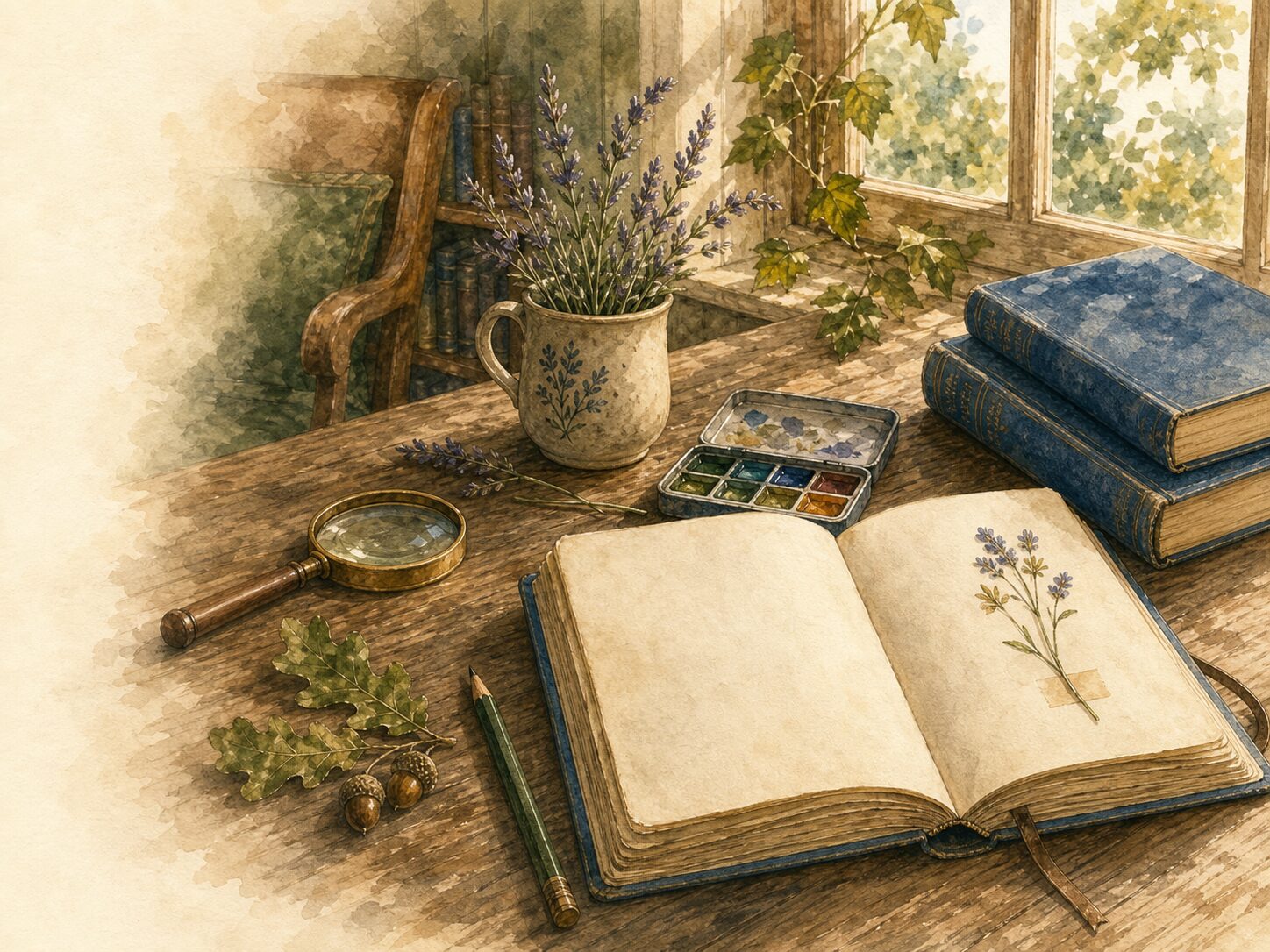 An illustrated field journal, books, watercolor set, magnifying glass, oak leaves, and lavender on a sunlit wooden table
